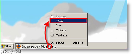 צילום מסך של Windows XP - הזז חלון