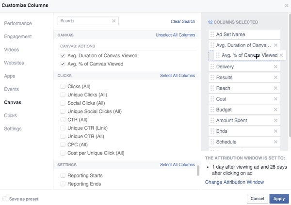 אפשרויות מדד קנבס בפייסבוק