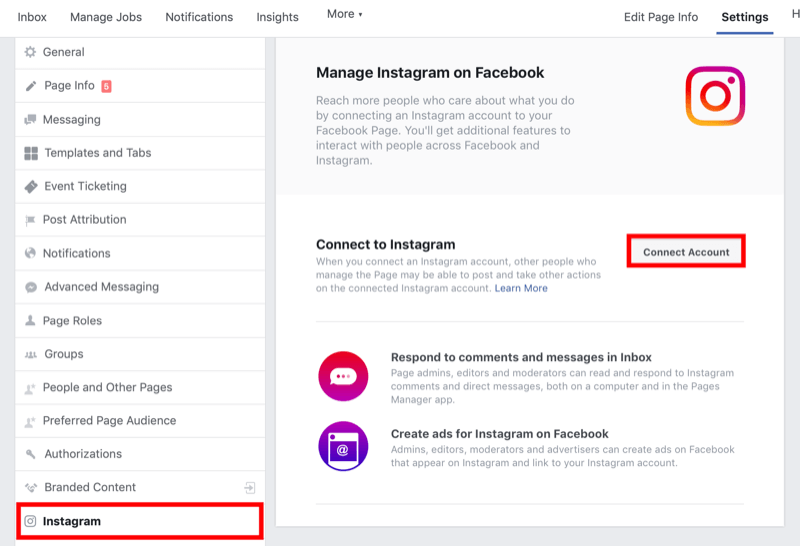 כיצד לחבר את עמוד הפייסבוק לחשבון העסקי באינסטגרם בהגדרות עמוד הפייסבוק