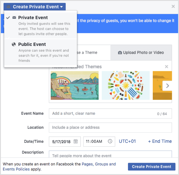 אפשרויות אירוע בפייסבוק בעת יצירת אירוע מפרופיל פייסבוק