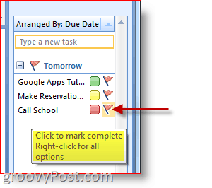 סרגל המטלות של Outlook 2007 - לחץ על דגל המשימות כדי לסמן את השלמתו