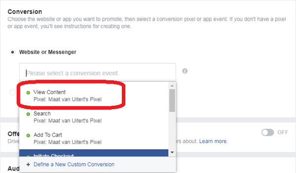 אם בחרת בהמרות כיעד המודעה שלך ב- Facebook Messenger, בחר אירוע המרה.