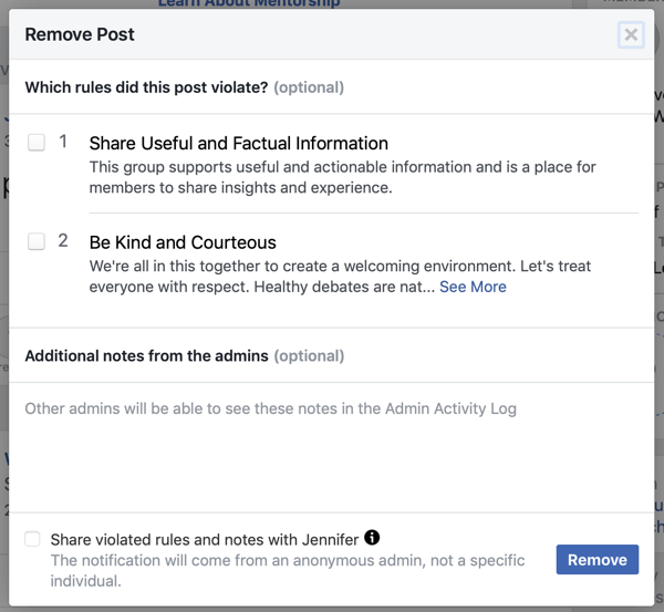 כיצד לשפר את הקהילה הקבוצתית שלך בפייסבוק, דוגמה לאפשרות פייסבוק לזהות אילו כלל / ים פוסטים הופרו, כמו גם אפשרות להודיע ​​לחבר