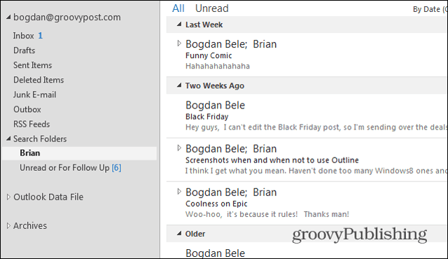 תיקיות חיפוש של Outlook 2013 בריאן