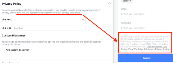 דוגמה למדיניות פרטיות הכלולה באופציות של קמפיין מודעות לידים בפייסבוק.
