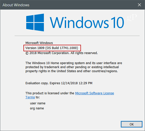 Winver Windows 10 גרסה 1809