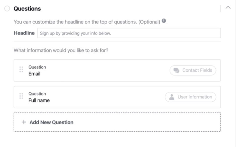 קטע השאלות בתהליך הגדרת הטופס המוביל של פייסבוק