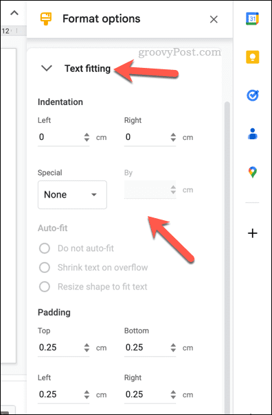 שינוי אפשרויות התאמת טקסט עבור טבלת Google Slides