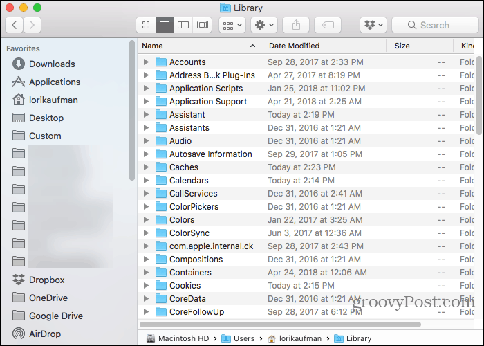 תיקיית ספרייה בתיקיית דף הבית ב- Finder ב- Mac
