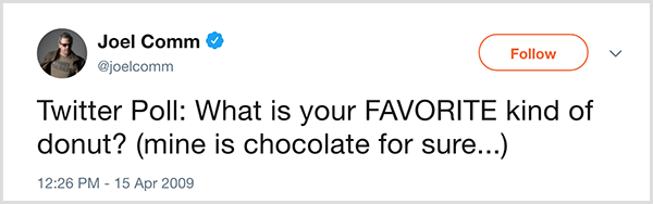 ג'ואל קום שאל את עוקביו בטוויטר את השאלה, מה הסופגנייה המועדפת עליך? שלי הוא שוקולד בוודאות. הציוץ הופיע ב- 15 באפריל 2009.