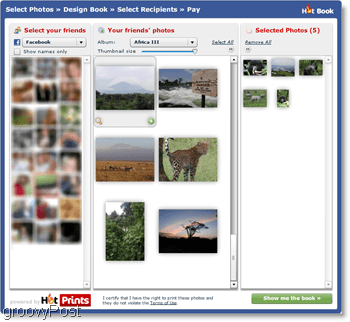 HotPrints מאפשר לך לבחור מבין התמונות שהעלית או תמונות מהחברים בפייסבוק