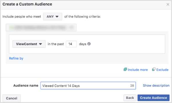 בחר אפשרויות ליצור אתר קהל מותאם אישית של פייסבוק בהתבסס על אירוע ViewContentthe 