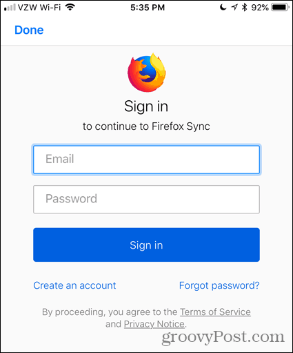 הזן את הדוא"ל והסיסמה שלך ב- Firefox עבור iOS