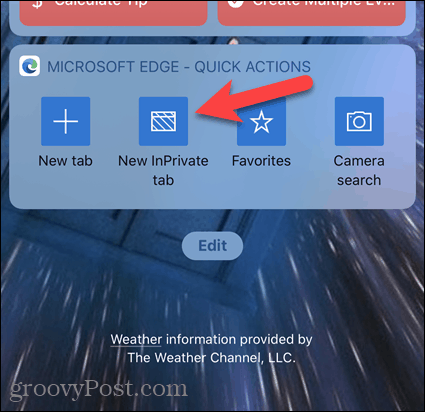 הקש על כרטיסיית InPrivate חדשה ב- Widget Edge ב- iOS