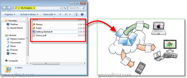 צילום מסך של Dropbox - תיקיית ה- Dropbox שלך היא חלק מהענן