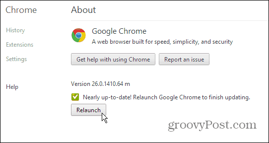 דף אודות Google Chrome - עדכן והפעל מחדש