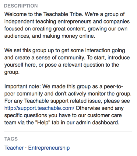 בתיאור הקבוצה בפייסבוק, Teachable מצהיר ישירות שקבוצת הפייסבוק שלה עוסקת ביצירת קהילה.