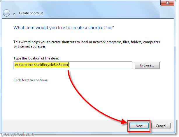 הוסף את סיומת סלילת מיחזור סל המיחזור כקיצור דרך של Windows 7