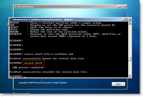 Windows 7 Native VHD התקן אתחול כפול מחבר VHD מ- CMD Prompt