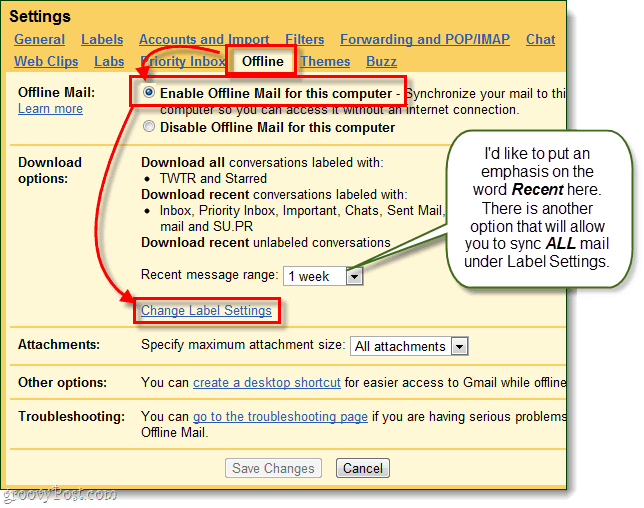 gmail לאפשר דואר לא מקוון למחשב ולשנות את הגדרות התווית