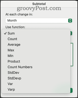 פונקציות שונות זמינות ב-Subtotal Dialog ב-Excel