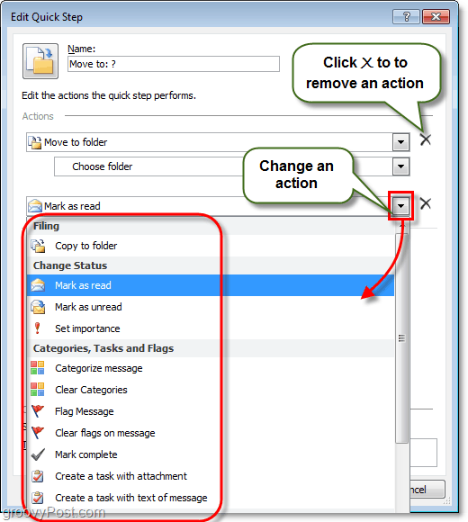 הסר פעולות צעד מהיר Outlook 2010