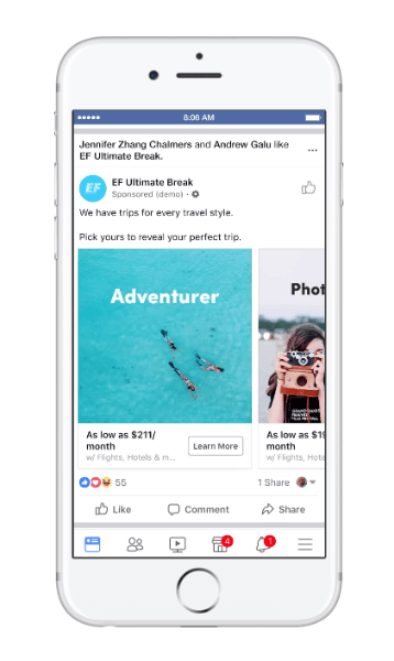 פייסבוק פרסמה סוג חדש של מודעה דימאנית לטיולים הנקראת שיקול נסיעה.