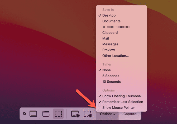 אפשרויות סרגל צילום מסך של Mac