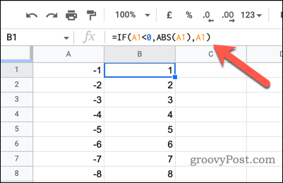 שימוש בהצהרת IF כדי לשנות מספרים שליליים לחיוביים ב-Google Sheets