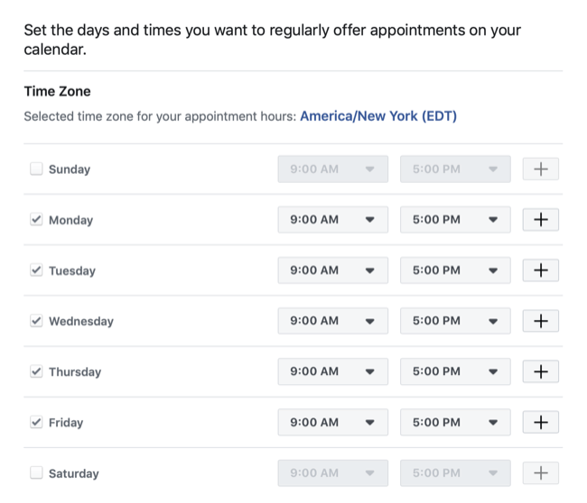 הגדר תאריכים ושעות הזמינים להזמנת פגישה עם דף הפייסבוק