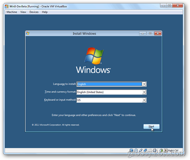 תפריט התקנה של VirtualBox Windows 8