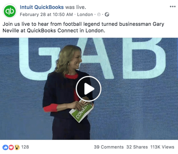 דוגמא לפוסט בפייסבוק שמכריז על סרטון Live הקרוב של Intuit Quickooks.
