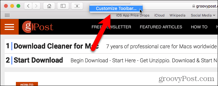 בחר התאמה אישית של סרגל הכלים ב- Safari for Mac