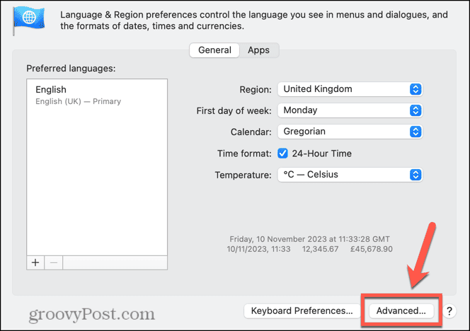 הגדרות שפה ואזור מתקדמות של mac
