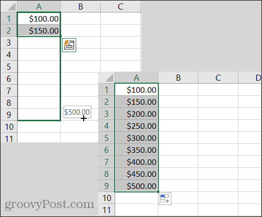 דפוס מטבע מילוי אוטומטי של Excel