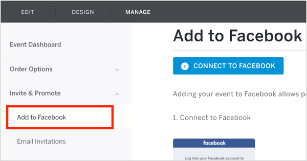 בכרטיסיה On Eventbrite Manage, לחץ על הזמן וקדם ובחר הוסף לפייסבוק מהתפריט הנפתח.