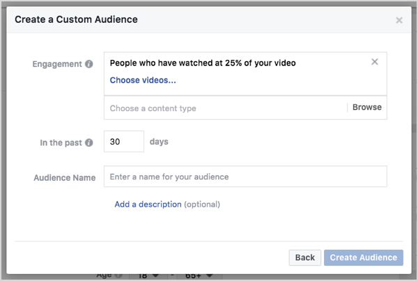 קהל מותאם אישית של פייסבוק בהתבסס על צפיות בסרטון תוך 30 יום.