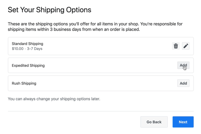 דוגמה לצילום מסך של אפשרויות משלוח בחנות בפייסבוק שעשויות להיות זמינות
