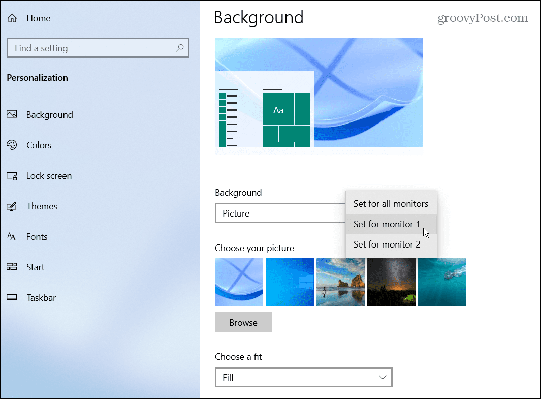 בחר צג טפט Windows 10