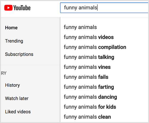 עיין בהצעות אוטומטיות לחיפוש YouTube עבור מילת המפתח שלך.