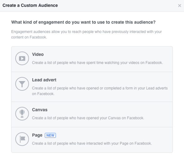 פייסבוק מאפשרת לך ליצור ארבעה קהלים מותאמים אישית המבוססים על מעורבות.