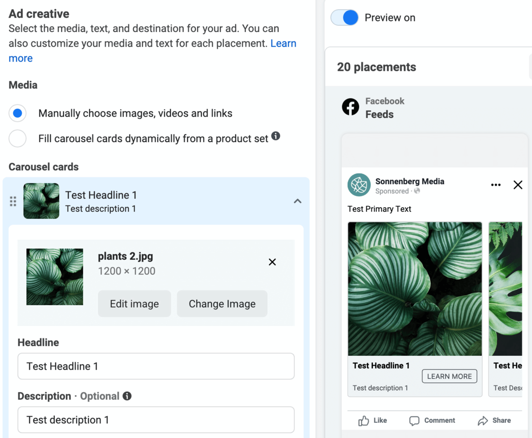 תמונה של אפשרות בחירת תמונות, סרטונים וקישורים ידנית שנבחרה במהלך הגדרת המודעות בפייסבוק