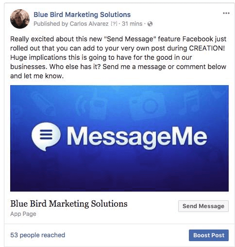 פייסבוק הוסיפה את האפשרות לכלול כפתור לפוסטים בדף שמעניקים למשתמשים אפשרות להשיב ישירות ב- Messenger.
