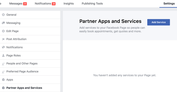 לחץ על אפליקציות ושירותים של שותפים בהגדרות דף הפייסבוק שלך.