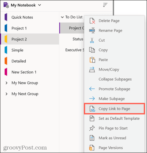 העתק קישור לדף ב- OneNote עבור Windows 10