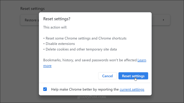אפס את ההגדרות אישור Chrome