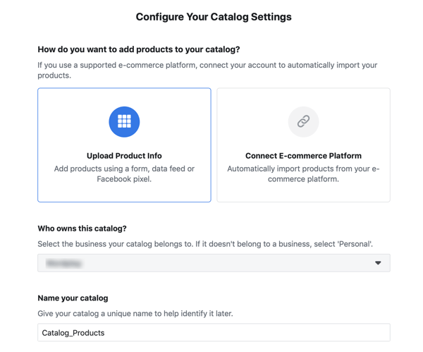 השתמש בכלי הגדרת האירועים של פייסבוק, שלב 20, אפשרויות תפריט כדי לאכלס את קטלוג מודעות הפייסבוק שלך