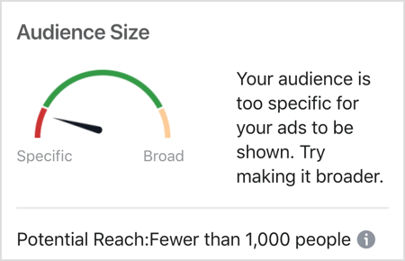הודעת גודל הקהל בפייסבוק: הקהל שלך ספציפי מדי מכדי שהמודעות שלך יוצגו.