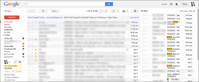 תצוגה מקדימה של המסך של Gmail עם כל הדואר בחלונית השנייה בצד ימין