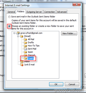 הגדרת שלח את תיקיית הדואר לחשבון iMAP ב- Outlook 2007:: בחר תיקיית אשפה